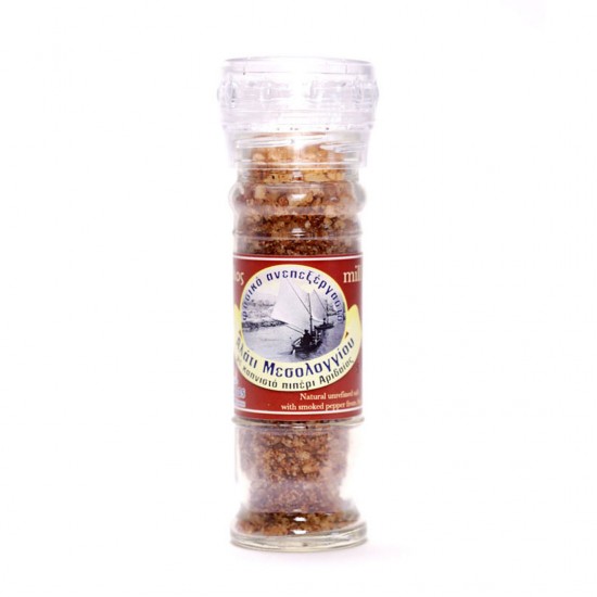 Unrefined natural sea salt of Mesolonghi with smoked Aridea pepper in cylinder - 92gr - Floros
